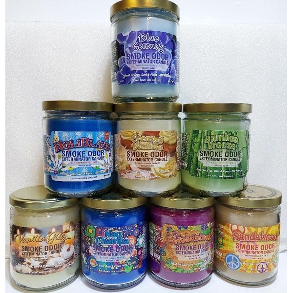 Smoke Odor Exterminator 13 oz Jar Candles Blue Serenity, Assortment (8) Includes Blue Serenity, Creamy Vanilla, HoliBlaze, Nag Champa, Bamboo Breeze, Vanilla Glitz, Woodstock & Sandalwood.