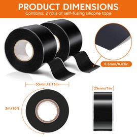 2 Rolls Self Fusing Silicone Tape - 1in(W) X 10ft(L) Waterproof Tape, Water Leak Seal Tape, Rescue Tape, Plumbing Hose Repair Tape, Rubber Tape for Cable Winding Insulating, Black