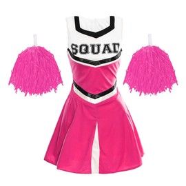 Ladies Cheerleader Costume with Pom Poms - Womens Highschool American Style Fancy Dress Party Outfit (Pink – UK 10-12)
