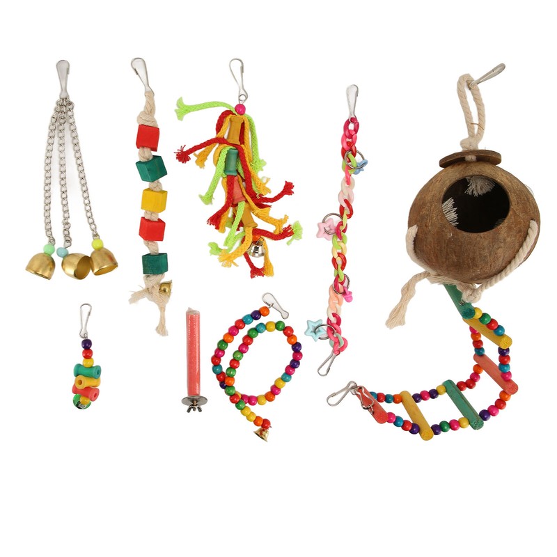 8pcs Parrot Toys Adjustable Coconut Shell Ladder Hanging Toys Interactive