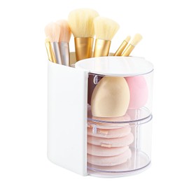DASITON Hair Accessories Organizer with Hair Brush Holder, Rotatable Makeup Brush Holder Small Jewelry Storage Box for Necklace, Earring, Bracelet, Ring, Hair Clip and Hair Accessories (White 2-Layer)