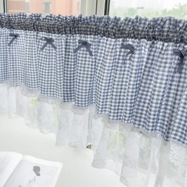 Huierxun Blue and White Buffalo Check Plaid Tier Curtains Floral Lace Semi Sheer Kitchen Curtain Farmhouse Gingham Curtains Rod Pocket Tiers for Living Room (Blue A,42"x24")