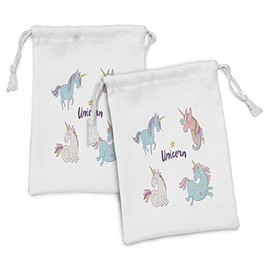 Lunarable Unicorn Fabric Pouch Set of 2, Different Unicorn Female Charm Believe Wish Sublime Animal Friendship Concept Art, Small Drawstring Bag for Toiletries Masks and Favors, 9" x 6", Multicolor