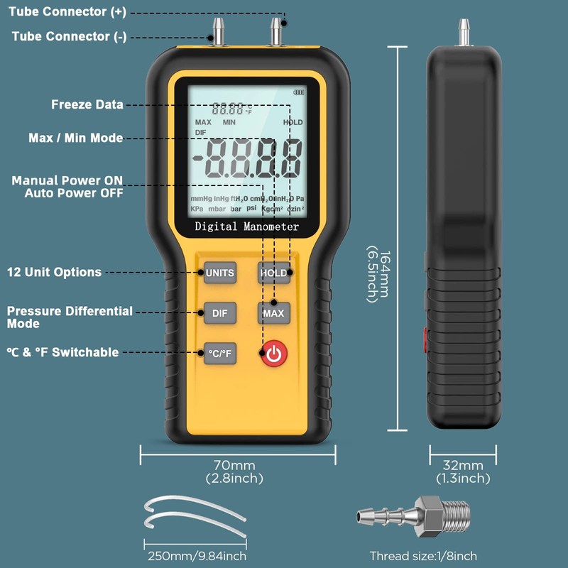 Manometer, Professional Air Pressure Meter, Dual-Port HVAC Digital Manometer Gas
