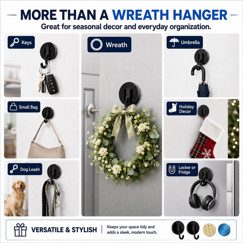 Wreath Hangers for Front Door Magnetic Hooks, Reusable Holder, Black