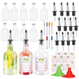 12 Sets Plastic Long Neck Bottles 16 oz Syrup Bottles with Liquor Pour Spout and Caps Juice Pour Bottles with Stainless Steel Bottle Pourer for Liquor Juice Store Syrup Bottles Pourers