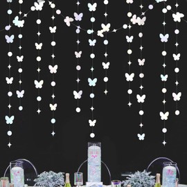 40Ft Iridescent White Butterfly Circle Dot Garland Party Decoration Paper Butterflies Polka Dot Bunting Streamer for Spring Summer Birthday Wedding Engagement Bridal Baby Shower Home Kids Room Nursery