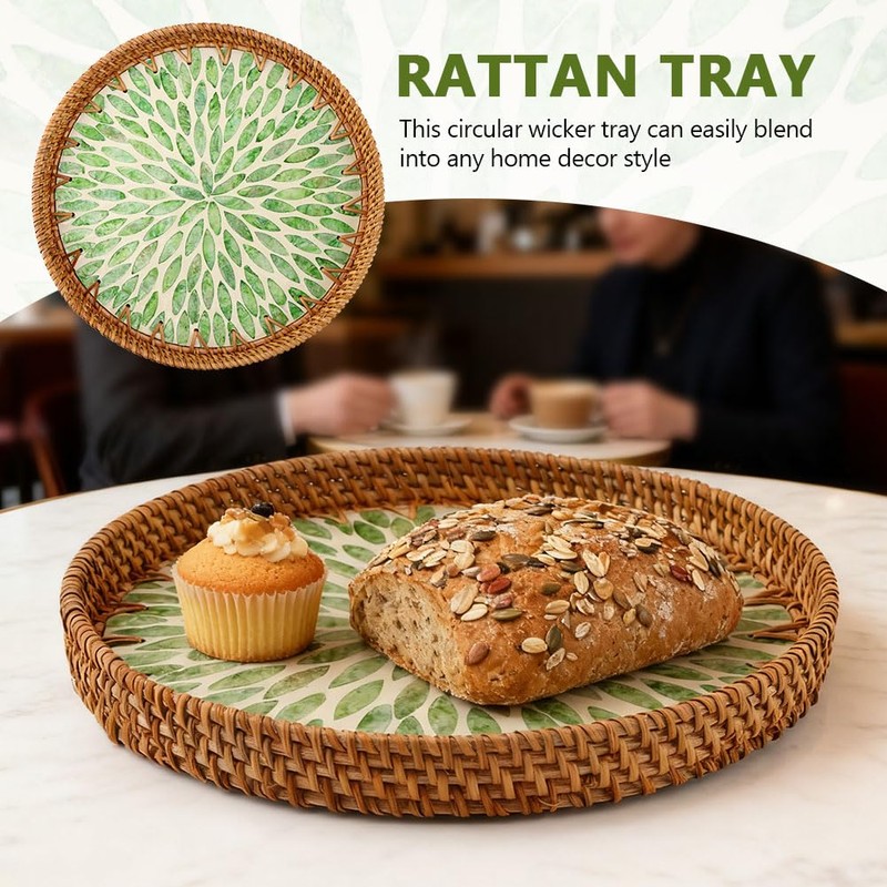 Handwoven Round Rattan Tray,Mother of Pearl Inlay Decorative Serving Tray