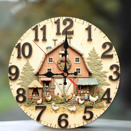 Farmhouse Barn Wall Clock Rustic Country Chicken Decor 10-Inch Wooden Wall Clock, Silent Movement, Battery Operated (AA Batteries Not Included), Artistic Home Decor, Perfect for Home Accents