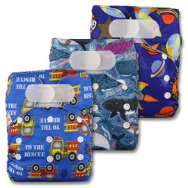Littles & Bloomz, Reusable Pocket Cloth Nappy, Fastener: Hook-Loop, Set of 3, Patterns 311, with 6 Microfibre Inserts