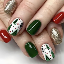 Christmas Press On Nails Medium, Christmas Nails Glue On，Christmas Fake Nails With Glue, Red and Green Christmas Nails Press On With Christmas Tree Balls Design，Stick On Nails for Women 24Pcs