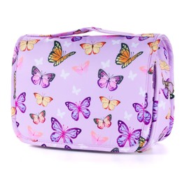 Kids Hanging Toiletry Bag for Girls, Travel Toiletry Bag for Little Young Girls Cosmetic Makeup Waterproof Wash Bag Toddler Traveling Toiletries, Butterfly Purple