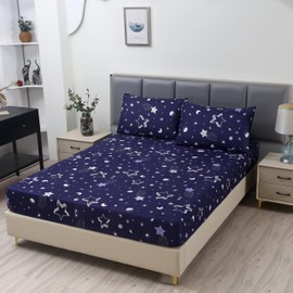 MAG 3pcs Blue Star Bed Sheet,Blue Microfiber Bedding Sheet Set,Galaxy Sheet Set,Space Bedding Sheet Set with 1 Fitted Sheet and 2 Pillowcases,14 Inches Deep (Blue and White, Queen)