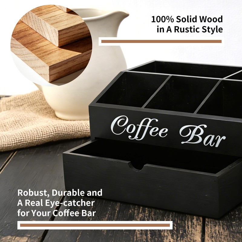 Coffee Bar Organizer for Countertop, 2-Tier Wood Station with Drawer,