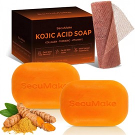 Kojic Acid Soap, Brightening & Hydrating Turmeric Soap Bar for Dark Spots with Vitamin C and Shea Butter, Paraben & Sulfate-Free - 105g x 2 Bars with African Net Sponge