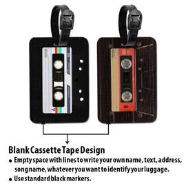 WIRESTER Set of 2 PU Leather Luggage Tag Name Tag Bag Tag for Travel Suitcase Baggage Luggage - Retro Black Cassette Tape, Red Vintage Cassette Tape