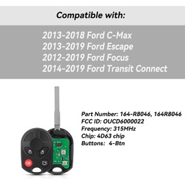GZXNKEY 4 Buttons Keyless Entry Remote Key for Ford Transit Connect 2014 2015 2016 2017 2018 2019 Ford C-Max Escape Focus Key Fob Replacement OUCD6000022 164-R8046
