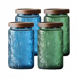 ANSQU Set of 4 Vintage Glass Mason Jars with Lids – 34 FL OZ Sunflower Design – Airtight Storage for Coffee, Tea, Cookies, Candy, Nuts – Kitchen & Pantry Organization (Blue & Green)