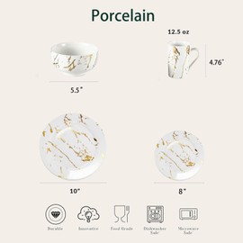 Loymokinar Modern Porcelain 16 Piece White Dinnerware Set,Plates and Bowls Sets,Gold Dish Set for 4,White Dinnerware Set,Dinner Sets with Dinner Plates.
