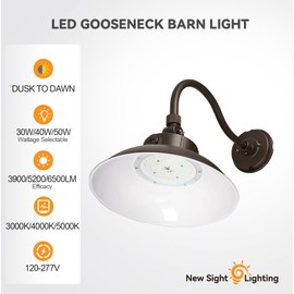 New Sight Lighting LED Gooseneck Barn Light, Dusk to Dawn Barn Light LED, IP65 Waterproof, 6500LM 50W, 3000K-5000K, 0-10V Dimmable, Bronze Gooseneck Lights Outdoor, UL Listed, 1Pack