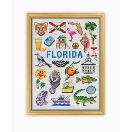 Florida Collection CS1878 - Counted Cross Stitch KIT#2 Prime. Set of Threads, Needles, AIDA Fabric, Needle Threader, Embroidery Clippers and Printed Color Pattern Inside.