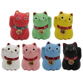 Waraku Fuuka Maneki Neko Daruma Dolls (Set of 7) Japanese Good Luck Multicolor Cat Figurine Ornament Set for Good Fortune Charms (Neko Daruma 01)