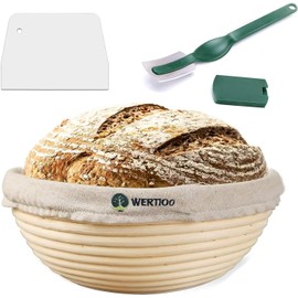 9 Inch Bread Proofing Basket, WERTIOO Banneton Round Proofing Basket, 100% Natural Rattan Sourdough Proving Basket with Bread Lame, Dough Scraper, Linen Cloth Liner, Sourdough Bread Baking Supplies