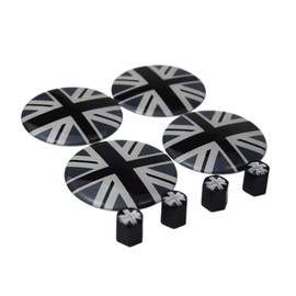 4X Black/Grey Union Jack UK Flag Wheel Center Cap + Valve Stem Cap for Mini Coopers R50 R51 R52 R53 R55 R56 R57 R58 R59 R60 R61 F55 F56