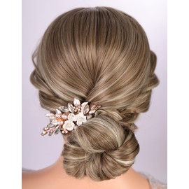 Teyglen Flower Bridal Hair Comb Rose Gold Crystal Pearl Hair Piece Dainty Flower Leaf Headpiece Floral Hair Accessories for Women Bride Wedding Rhinestone Hair Comb(Rose gold)