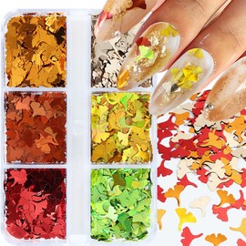 Fall Nail Art, 3D Holographic Ginkgo Fall Leaves Nail Glitters 6 Colors Laser Autumn Leaf Nails Decals Stickers Yellow Orange Red Ginkgo Nail Glitter Sequins for Acrylic Nails Decorations