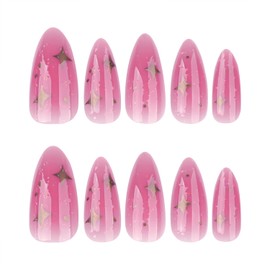 Hot Pink Press on Nails Short Almond Fake Nails with Star Glitter Designs Glossy Glue on Nail Reusable Artificial Acrylic Almond Shape Full Cover Stick on False Nail for Y2K Women 24 Pcs