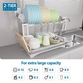 B-Land Dish Drying Rack: 2 Tier Dish Racks for Kitchen Counter - Large Rust Proof Dish Drying Rack with Aluminum - Detachable Dish Drainer Organizer with Utensil Holders Drainboard Silver