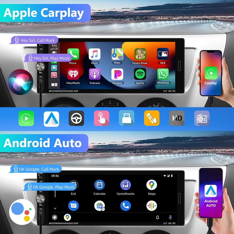 Motorsi Single Din Car Stereo with Wireless Apple Carplay, 6.9
