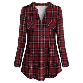 Tanst Sky V Neck Tunics for Women to Wear with Leggings, Juniors 3/4 Sleeve Shirts Tartan Fit Front Pocket Plaid Tops Stretchy Pullover Tartan Outfit Boutique Clothing Red M