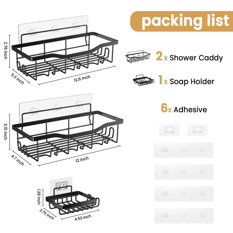 PKPD Rustproof Stainless Steel Shower Caddy 3 Pack, Bathroom Storage