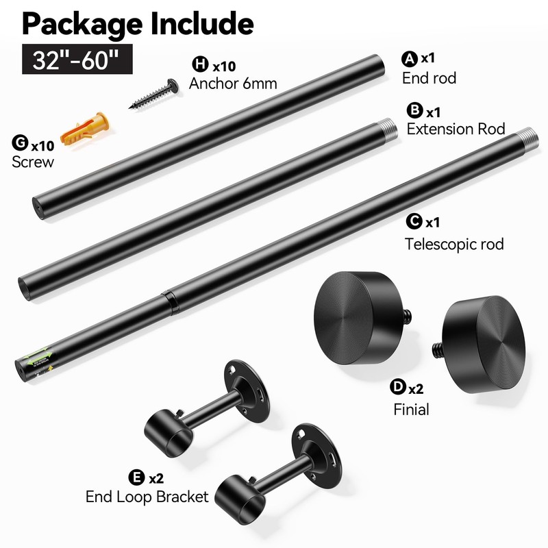 YaFex Heavy Duty Curtain Rods 32-60 Inch, 1 Inch Adjustable
