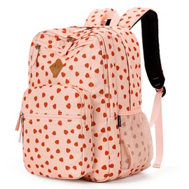 ZORFIN 26L Backpack for School, College, and Travel: Water Resistant Bookbag with 8 Compartments - Heart-shaped Strawberry pink