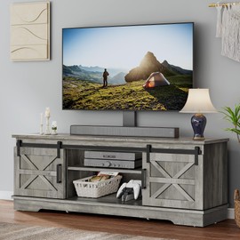 YITAHOME Farmhouse TV Stand with Mount, Television Stand Mount with 3 Height Adjustment for 32-70 inch TVs, Entertainment Center Media Console w/Sliding Barn Door for Living Room, Grey