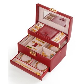 CASEGRACE Jewelry Box,3 Layers Leather Jewelry Storage Box with Lock, Mirror,Jewelry Storage Case for Necklaces Earrings Bracelets and Rings
