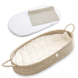 BEBE BASK Premium Baby Changing Basket - Artisan-Crafted Seagrass With Extra High Sides - Changing Basket for Baby Dresser - All Accessories Included - Complete Set for Nursery (Natural)
