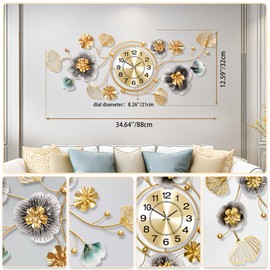 Axioglo Large Wall Clock, Wall Clocks for Living Room Decor, with Silent Movement and Rotatable Dial, 3D Metal Ginkgo Leaf Design, for Living Room Wall Decor Wall Clocks（34''x12''）