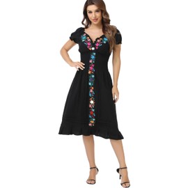 2024 Women's Embroidered Dress Casual Bohemian V-Neck Dress Short Sleeve Floral Wedding Party Dress (XL, E34BK) Black