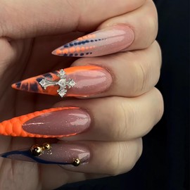 BABALAL Stiletto Press on Nails Long Square Fake Nails Orange French Glue on Nails Y2k Acrylic Nails with Star Cross Charm Goth False Nails Supplies 24pcs Artificial Squoval Nail Art Diy Gel Nail