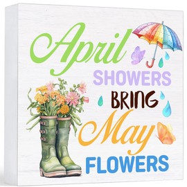 Spring Decor Farmhouse April Showers Bring May Flowers Wood Sign Spring Decorations Country Home Table Desk Decor (5 x 5 Inches)