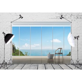 CORFOTO Fabric 7x5ft Window Backdrop Theme Photography Simple and Elegant Apartment Virtual Business Mansion for Video Call Mini Session Conference Zoom Meeting Background Poster Decor Curtain