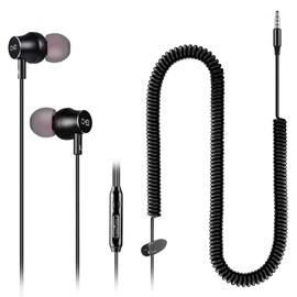 Extra Long Earbuds for TV & PC, with 12FT Spring Coiled Extension Cable, Volume Control & Mic, in-Ear Wired Headphones for 3.5mm Audio Output Devices, ChanGeek CGS06