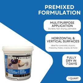 Akona Pre-Mixed Concrete and Stucco Patch - Patching Material for Exterior and Interior Use, Repair Walls, Floors, Holes, Cracks, and More, Gray Paste, Ready to Use (1 Quart, 1)
