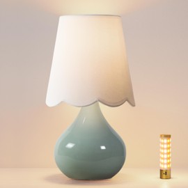 14'' Cordless LED Table Lamp with Dimmer, Ceramic Bedside Table Lamp, Rechargeable & 3-Level Brightness, Ceramic Base, Detachable Bulb, Linen Shade, Desk lamp for Cozy Teens Room Decor