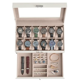 SONGMICS Watch Box, 12-Slot Watch Case Organizer with Large Glass Lid, 2 Layers, Removable Pillows, Metal Lock, Gift for Loved Ones, Cloud White Synthetic Leather, Cappuccino Beige Lining UJWB012W01