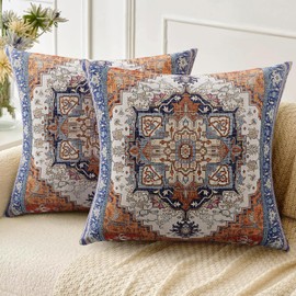 ZSYTZL Boho Throw Pillow Covers 20x20 inch Set of 2,Linen Bohemia Carpet Pattern Decorative Living Room Sofa Bed Square Pillow Case Cushion Cover-Blue Edge Orange